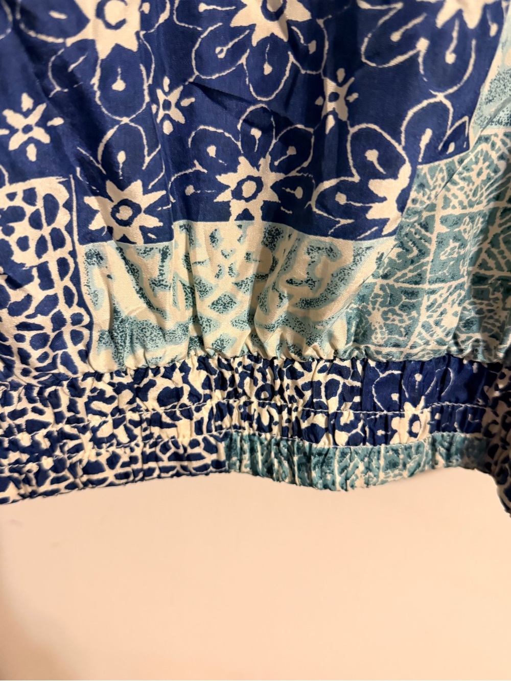 Vintage Oleg Cassini 100% Silk Patchwork Bomber Jacket Blue Teal Zip Medium - Picture 9 of 12